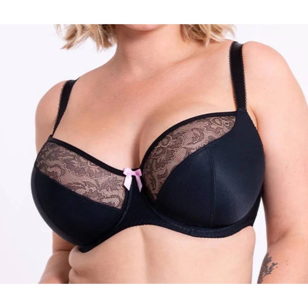 Curvy‎ Kate Black Lace Balcony Bra 42DDD Underwire Support Pink Bow CK1101